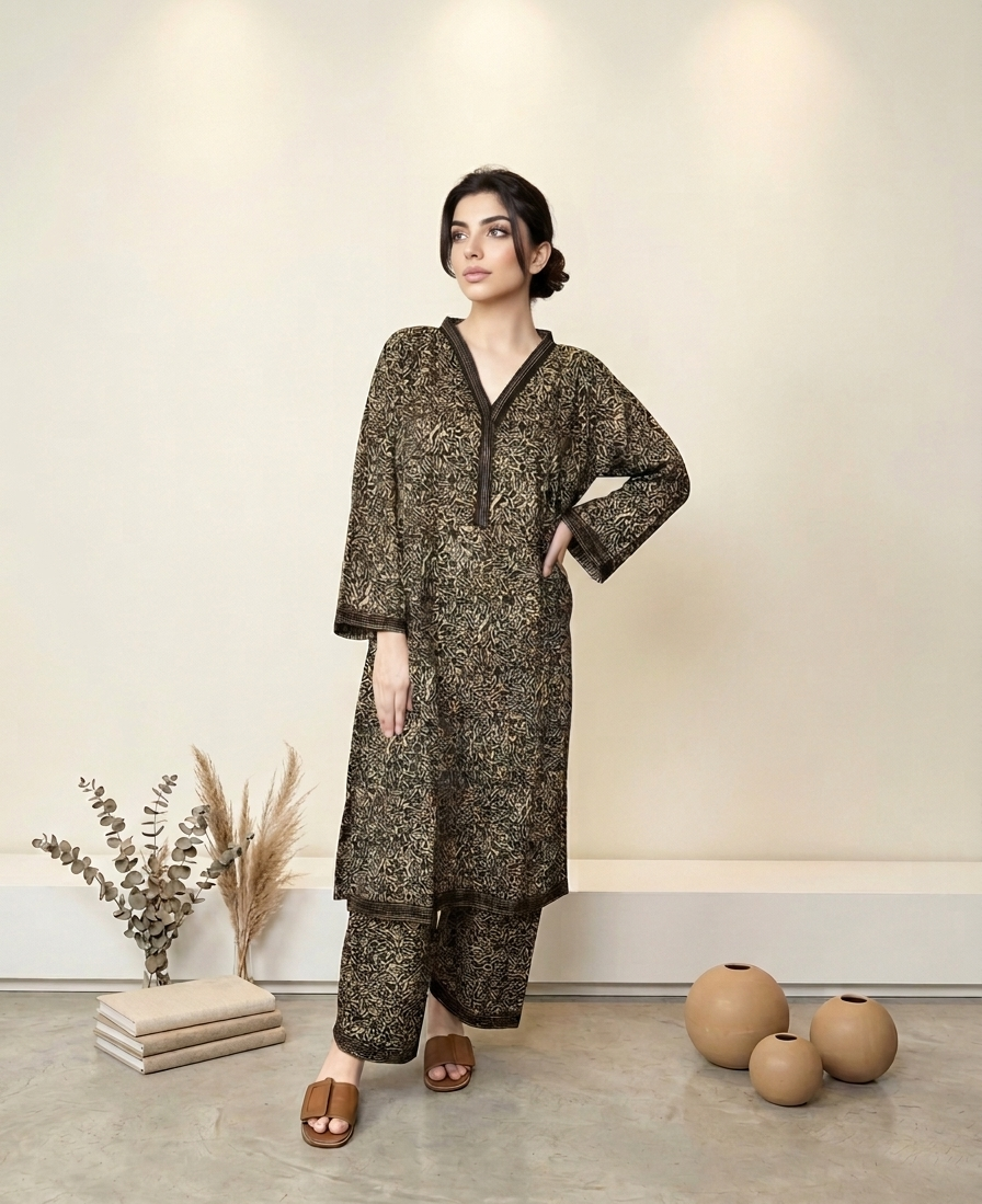 2 Piece Charcoal &amp; Olive Abstract Co-ord